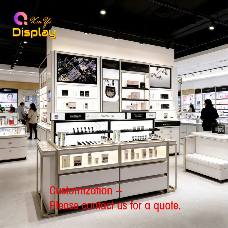Luxury Skincare Shop - Luxe huidverzorgingswinkelinrichting, stijlvolle LED-verlichting, displaybalies van